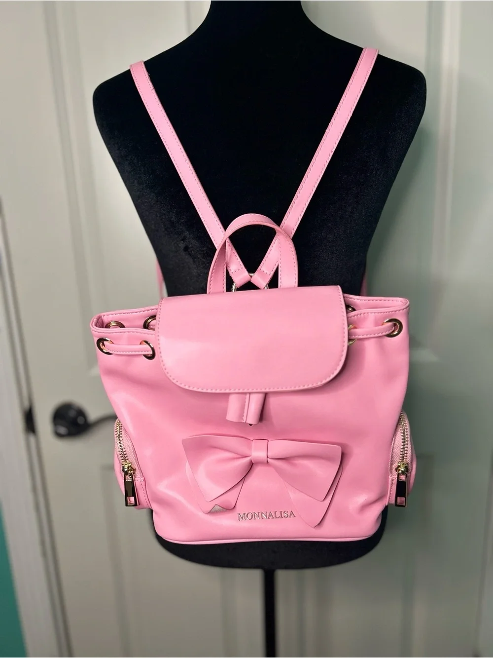 Monnalisa Pink Girls Mini Backpack with Front Bow and Gold Hardware